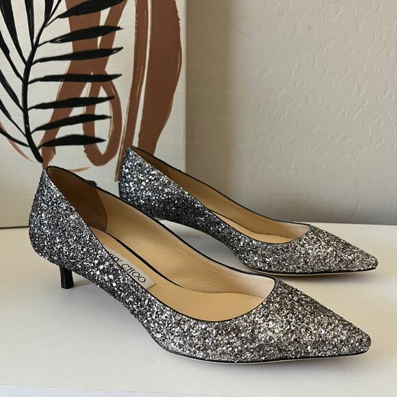 Jimmy Choo Romy Silver Glitter Pointed Toe Slip On Kitten Heel Pumps Size 37 - Picture 3 of 9